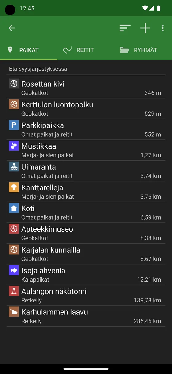 Tallennetut paikat kartalla